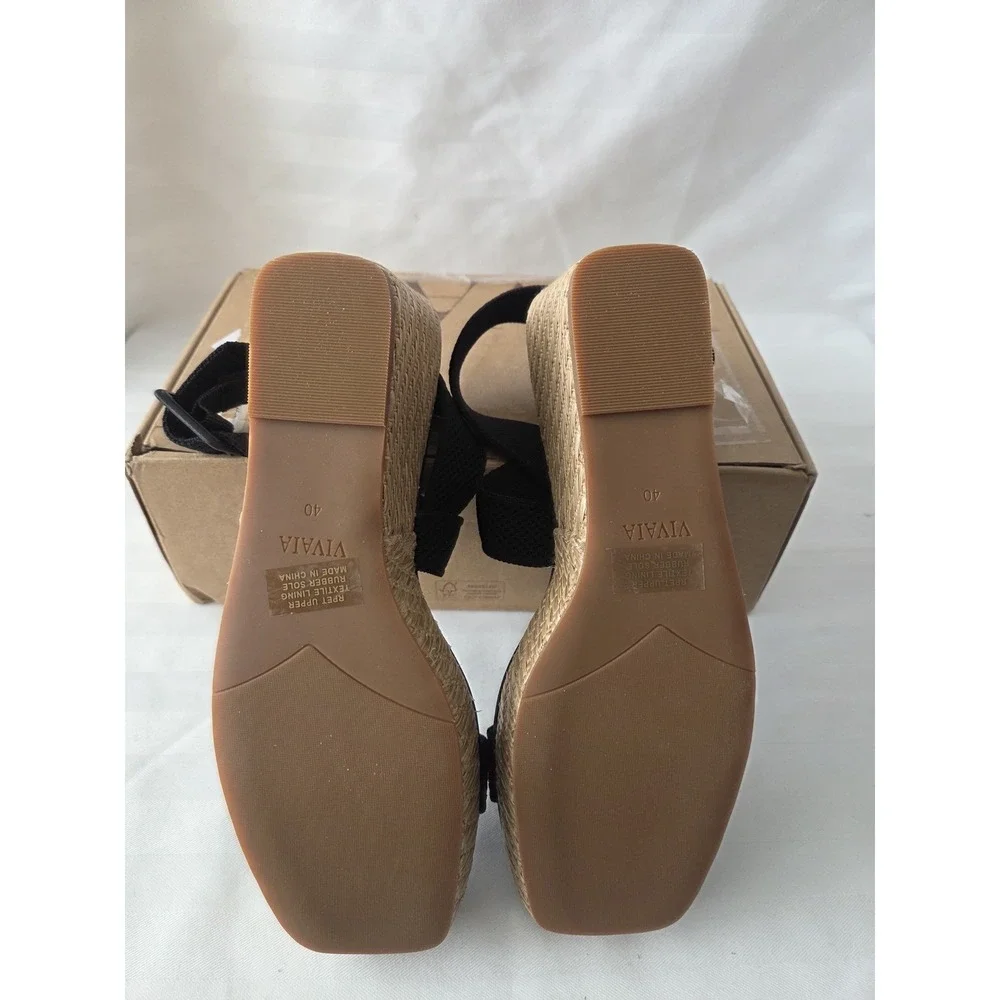 VIVAIA Lyla Black Knit Espadrille Wedge Sandals Square Toe Women Size EU 40 US 9